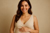 Load image into Gallery viewer, a 30 years old pregranant woman wearing my coin necklace, and smiling
